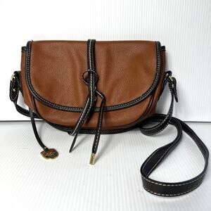 London Fog Women's Newbury Large Saddle Cross Body Handbag Brown Faux Leather